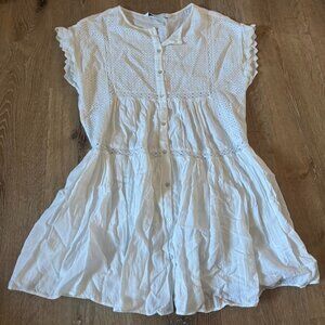 Zara White embroidered Ruffle Drop‎ Waist Hem button down Mini Dress Cotton sz S